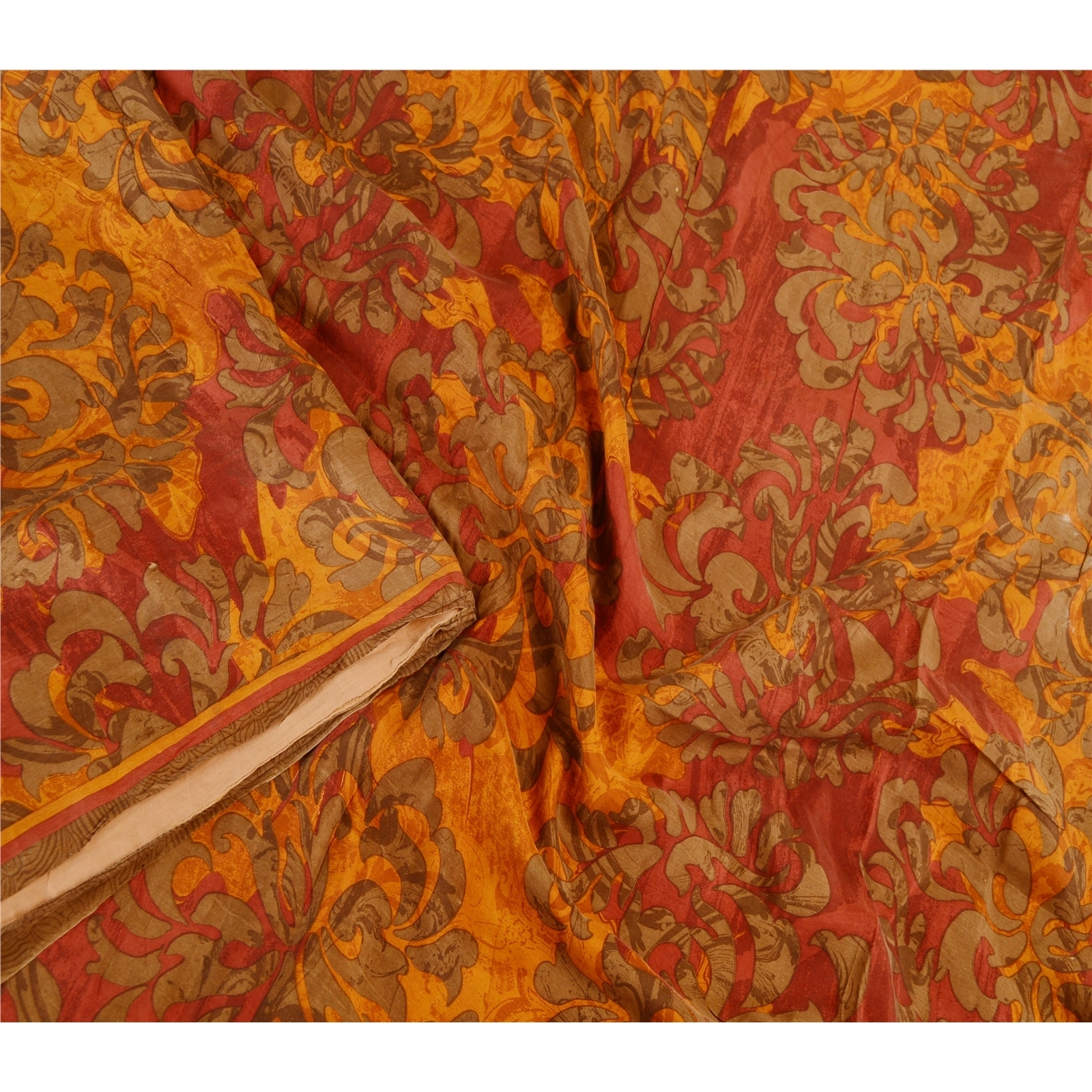 Sanskriti Vintage Sarees From India Orange Pure Silk Printed Sari Craft Fabric, PR-62222-Orange-Pure Silk-2