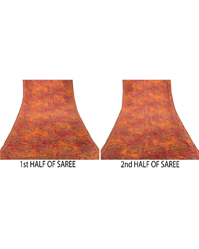 Sanskriti Vintage Sarees From India Orange Pure Silk Printed Sari Craft Fabric, PR-62222-Orange-Pure Silk-4