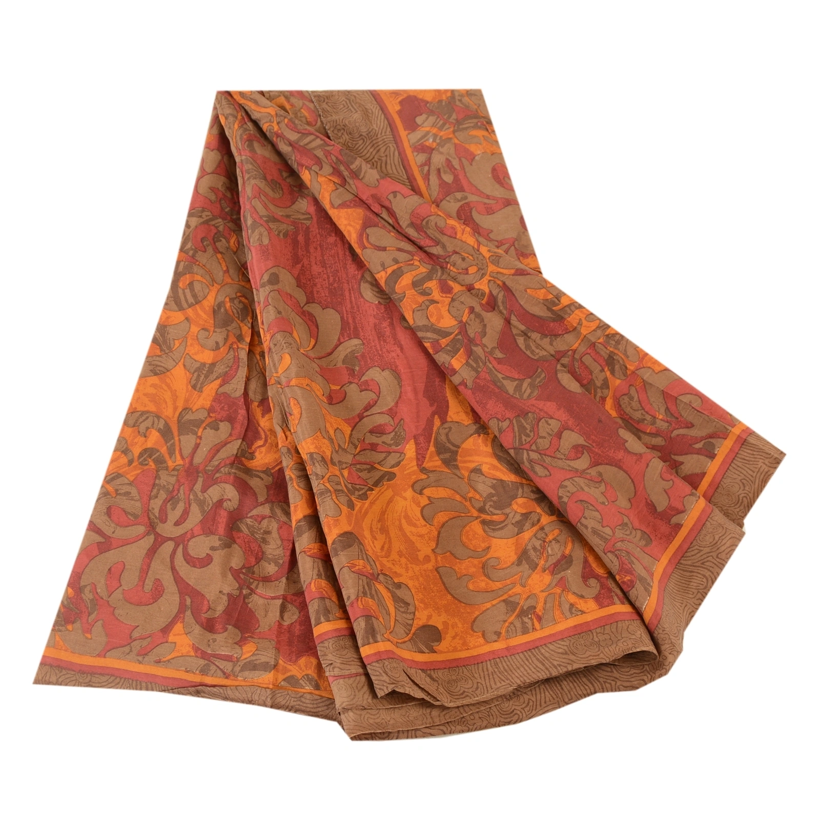 Sanskriti Vintage Sarees From India Orange Pure Silk Printed Sari Craft Fabric, PR-62222-Orange-Pure Silk-6