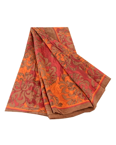 Sanskriti Vintage Sarees From India Orange Pure Silk Printed Sari Craft Fabric, PR-62222-Orange-Pure Silk-6