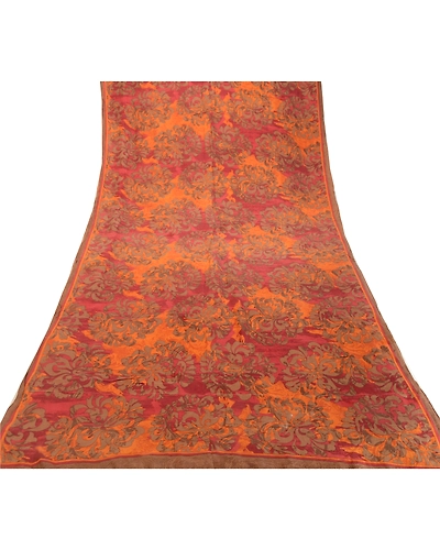 Sanskriti Vintage Sarees From India Orange Pure Silk Printed Sari Craft Fabric, PR-62222-Orange-Pure Silk-7