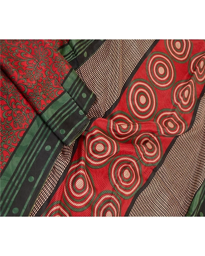 Sanskriti Vintage Sarees Red 100% Pure Silk Printed Sari Floral 5Yd Craft Fabric, PR-62240-Red-Pure Silk-1