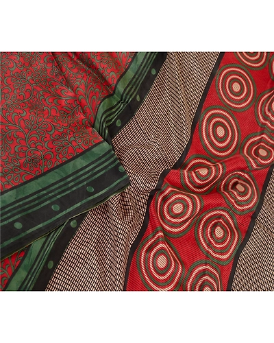 Sanskriti Vintage Sarees Red 100% Pure Silk Printed Sari Floral 5Yd Craft Fabric, PR-62240-Red-Pure Silk-2