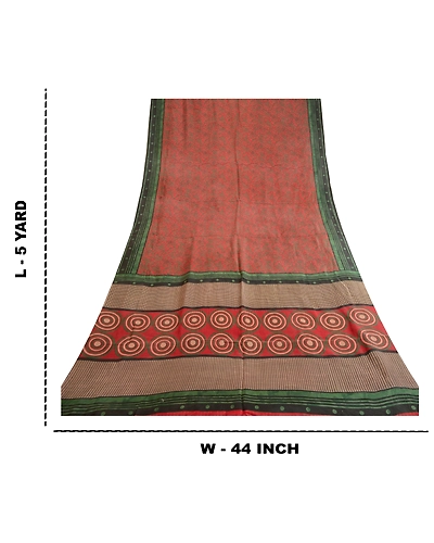 Sanskriti Vintage Sarees Red 100% Pure Silk Printed Sari Floral 5Yd Craft Fabric, PR-62240-Red-Pure Silk-8