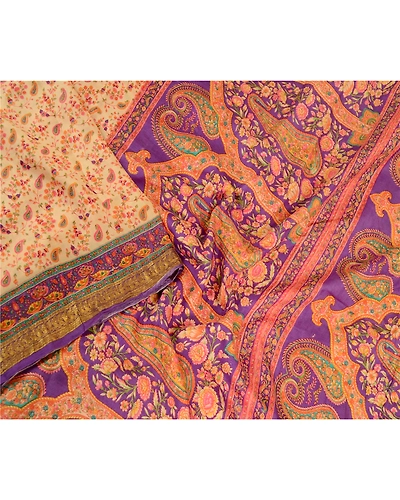 Sanskriti Vintage Sarees Cream Pure Silk Printed Zari Border Sari Craft Fabric, PR-62256-Cream-Pure Silk-2