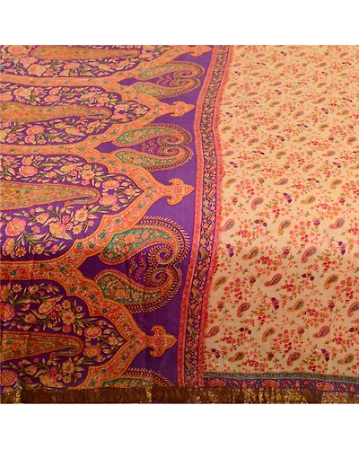 Sanskriti Vintage Sarees Cream Pure Silk Printed Zari Border Sari Craft Fabric, PR-62256-Cream-Pure Silk-3