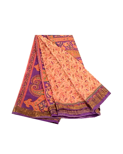 Sanskriti Vintage Sarees Cream Pure Silk Printed Zari Border Sari Craft Fabric, PR-62256-Cream-Pure Silk-6