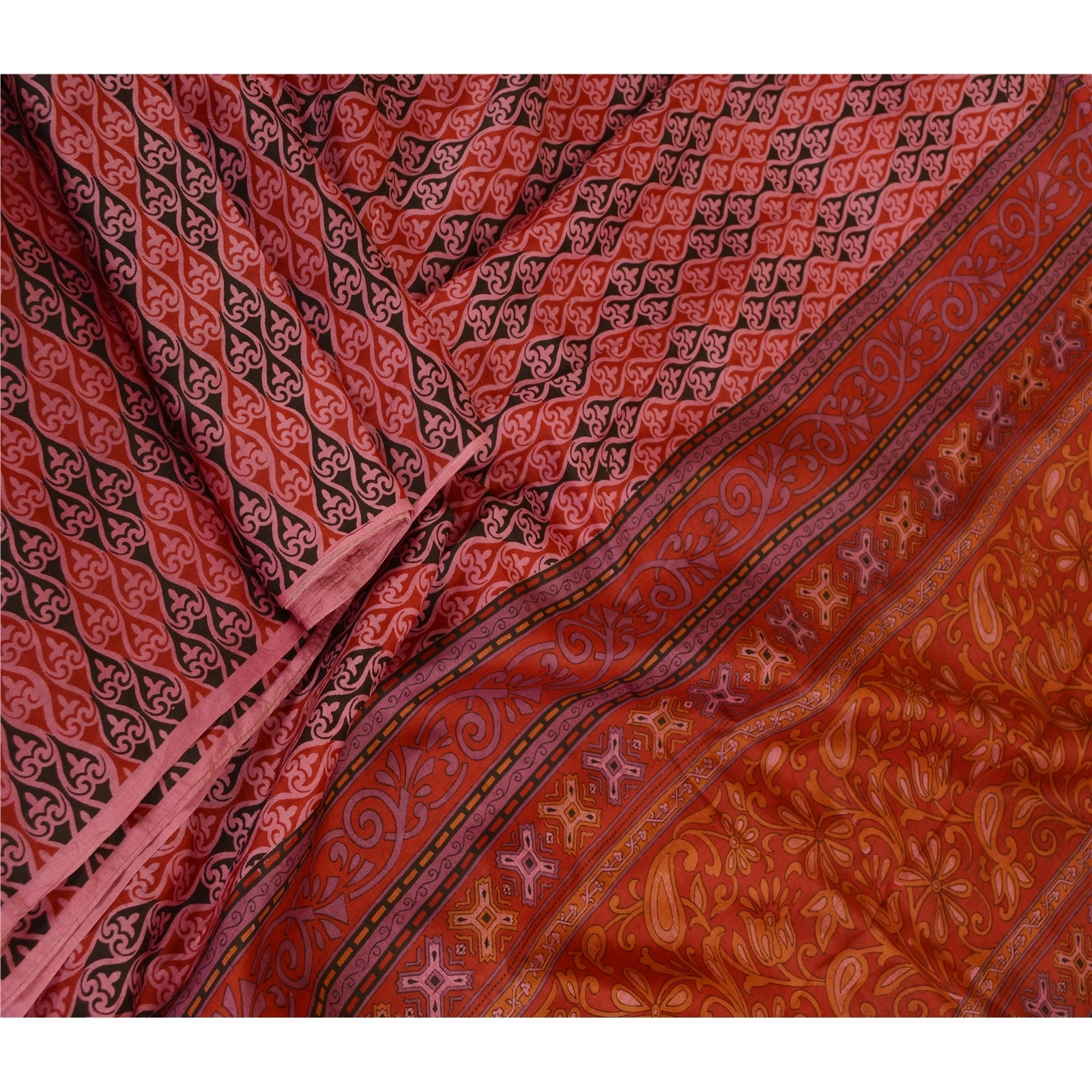 Sanskriti Vintage Sarees From India Red Pure Silk Printed Sari Soft Craft Fabric, PR-62261-Red-Pure Silk-1