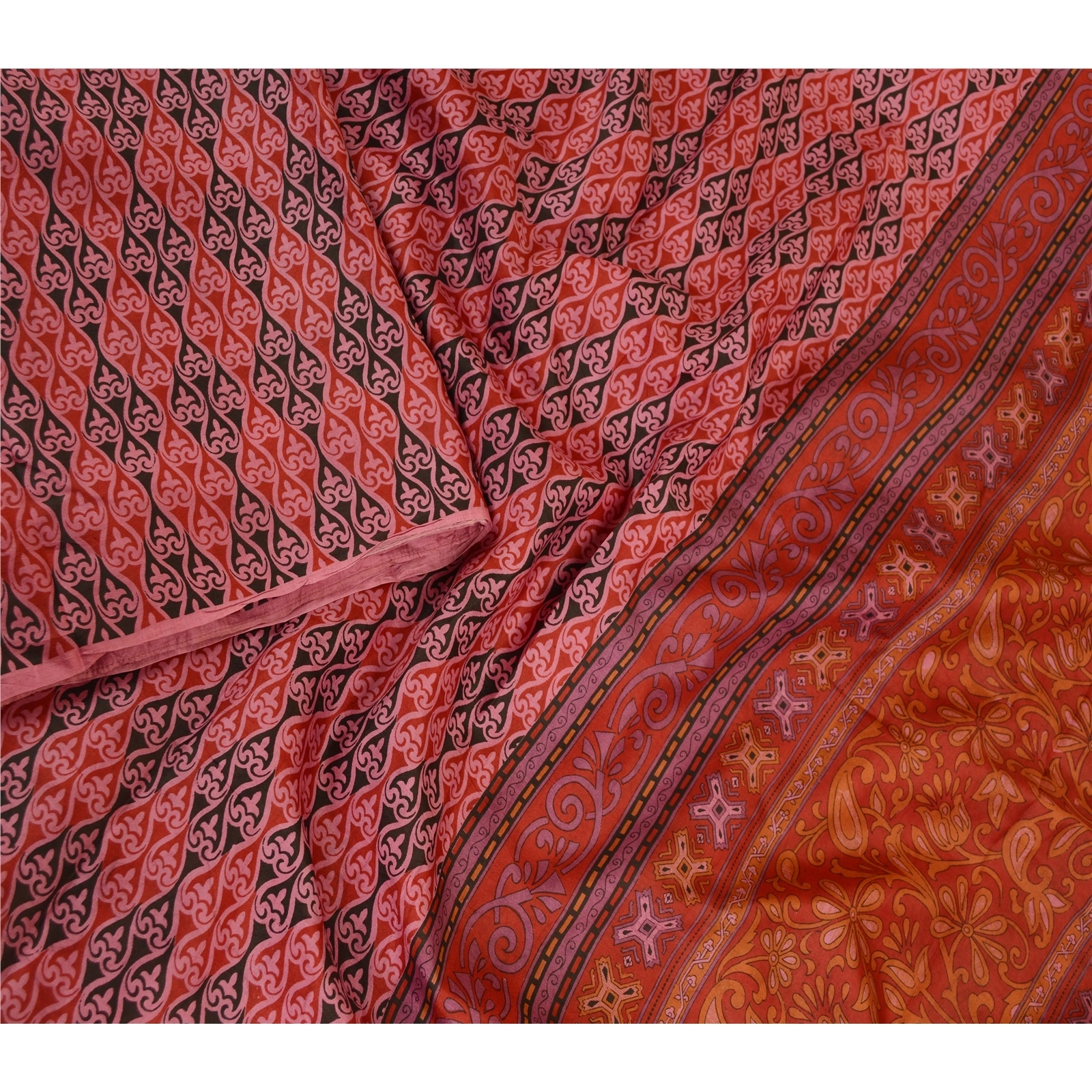 Sanskriti Vintage Sarees From India Red Pure Silk Printed Sari Soft Craft Fabric, PR-62261-Red-Pure Silk-2