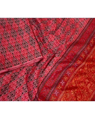Sanskriti Vintage Sarees From India Red Pure Silk Printed Sari Soft Craft Fabric, PR-62261-Red-Pure Silk-2