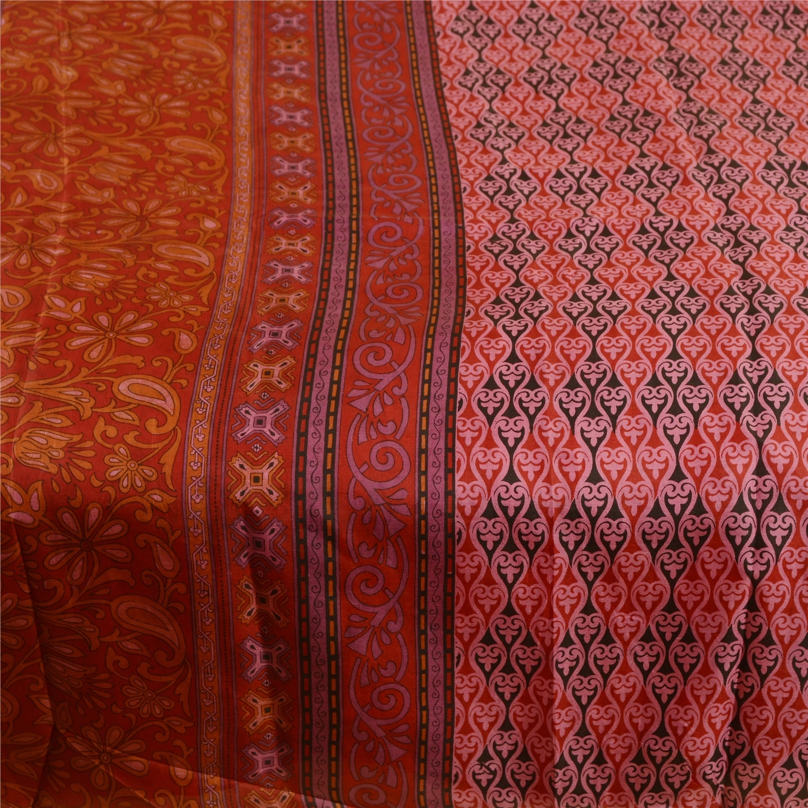 Sanskriti Vintage Sarees From India Red Pure Silk Printed Sari Soft Craft Fabric, PR-62261-Red-Pure Silk-3