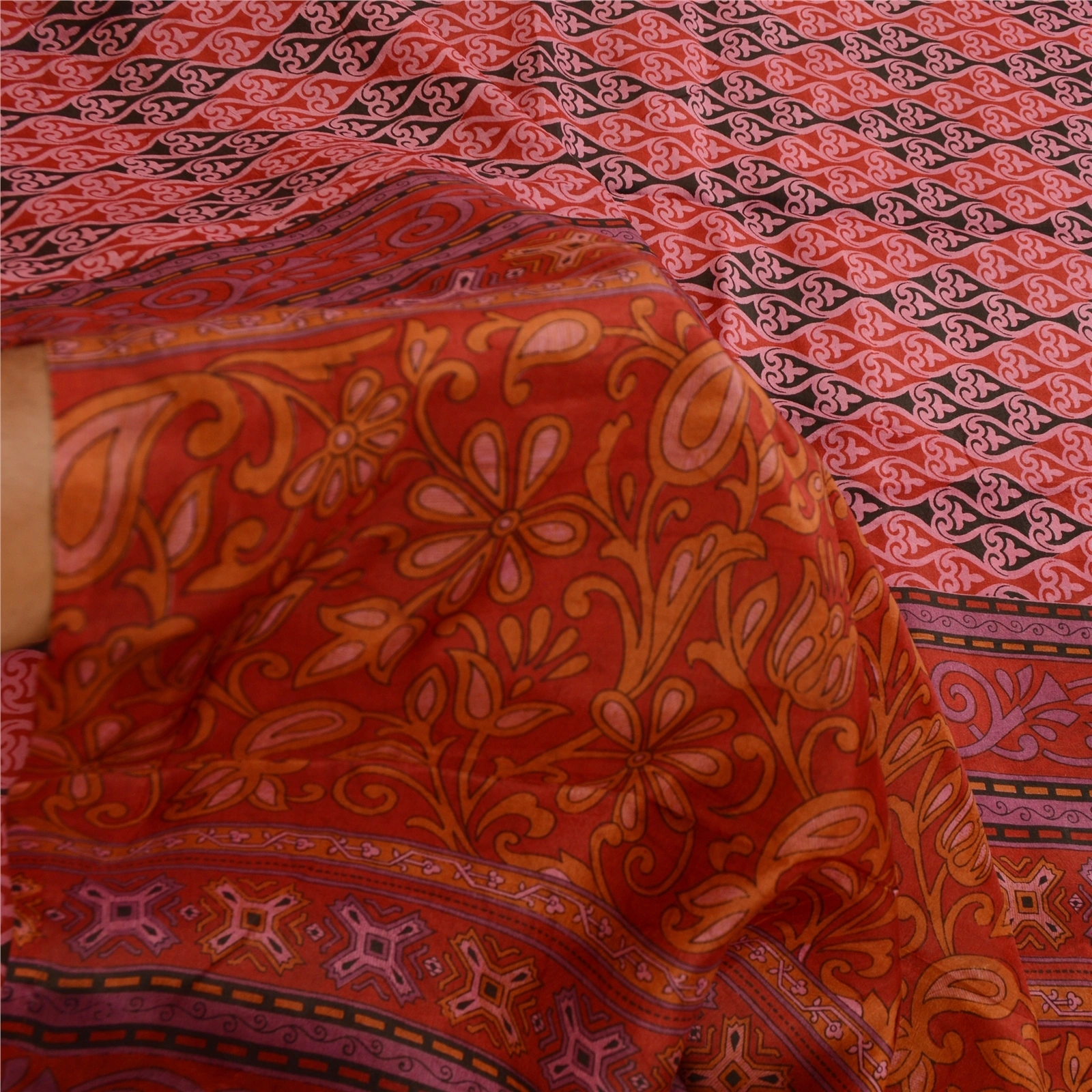 Sanskriti Vintage Sarees From India Red Pure Silk Printed Sari Soft Craft Fabric, PR-62261-Red-Pure Silk-5