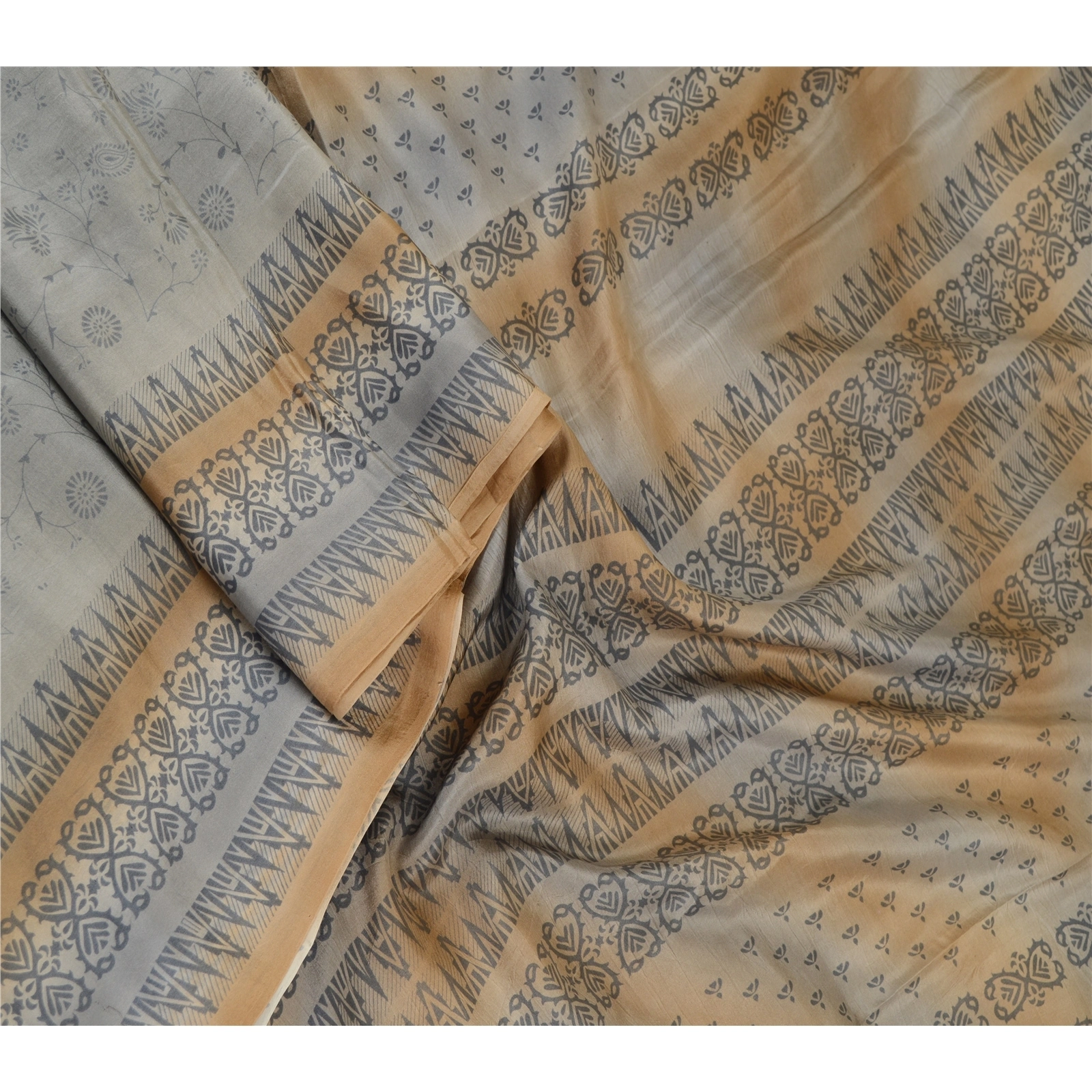 Sanskriti Vintage Sarees Gray Indian Pure Silk Printed Sari Soft Craft Fabric, PR-62265-Gray-Pure Silk-1