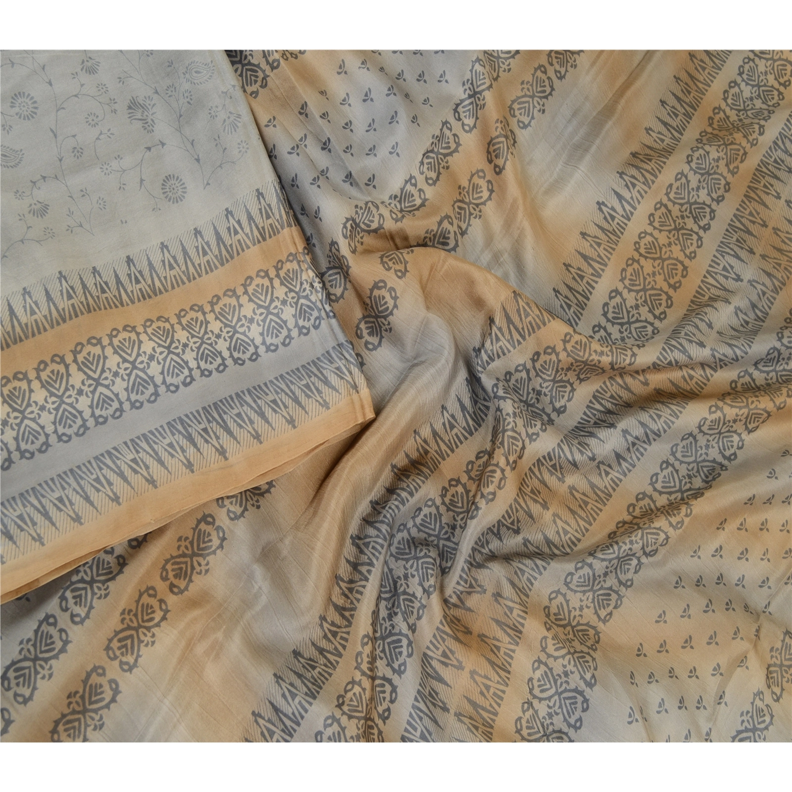 Sanskriti Vintage Sarees Gray Indian Pure Silk Printed Sari Soft Craft Fabric, PR-62265-Gray-Pure Silk-2