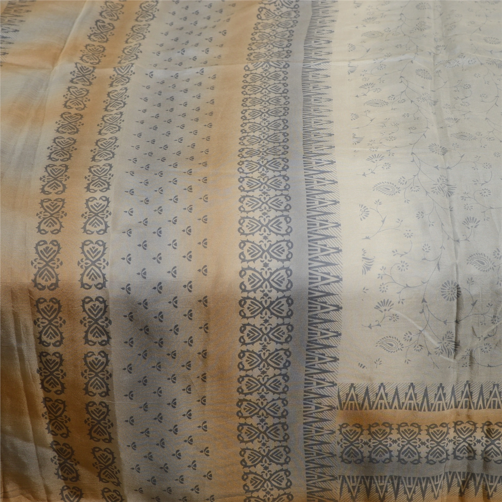 Sanskriti Vintage Sarees Gray Indian Pure Silk Printed Sari Soft Craft Fabric, PR-62265-Gray-Pure Silk-3