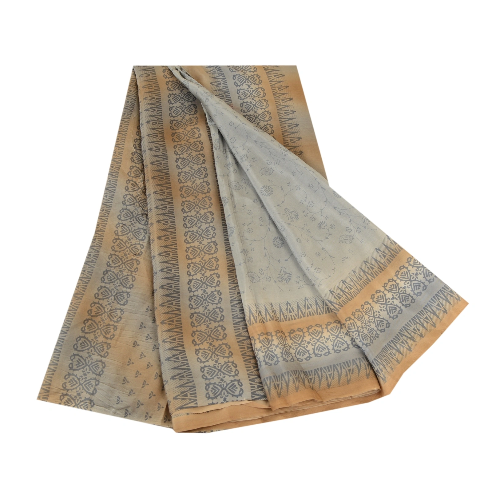 Sanskriti Vintage Sarees Gray Indian Pure Silk Printed Sari Soft Craft Fabric, PR-62265-Gray-Pure Silk-6