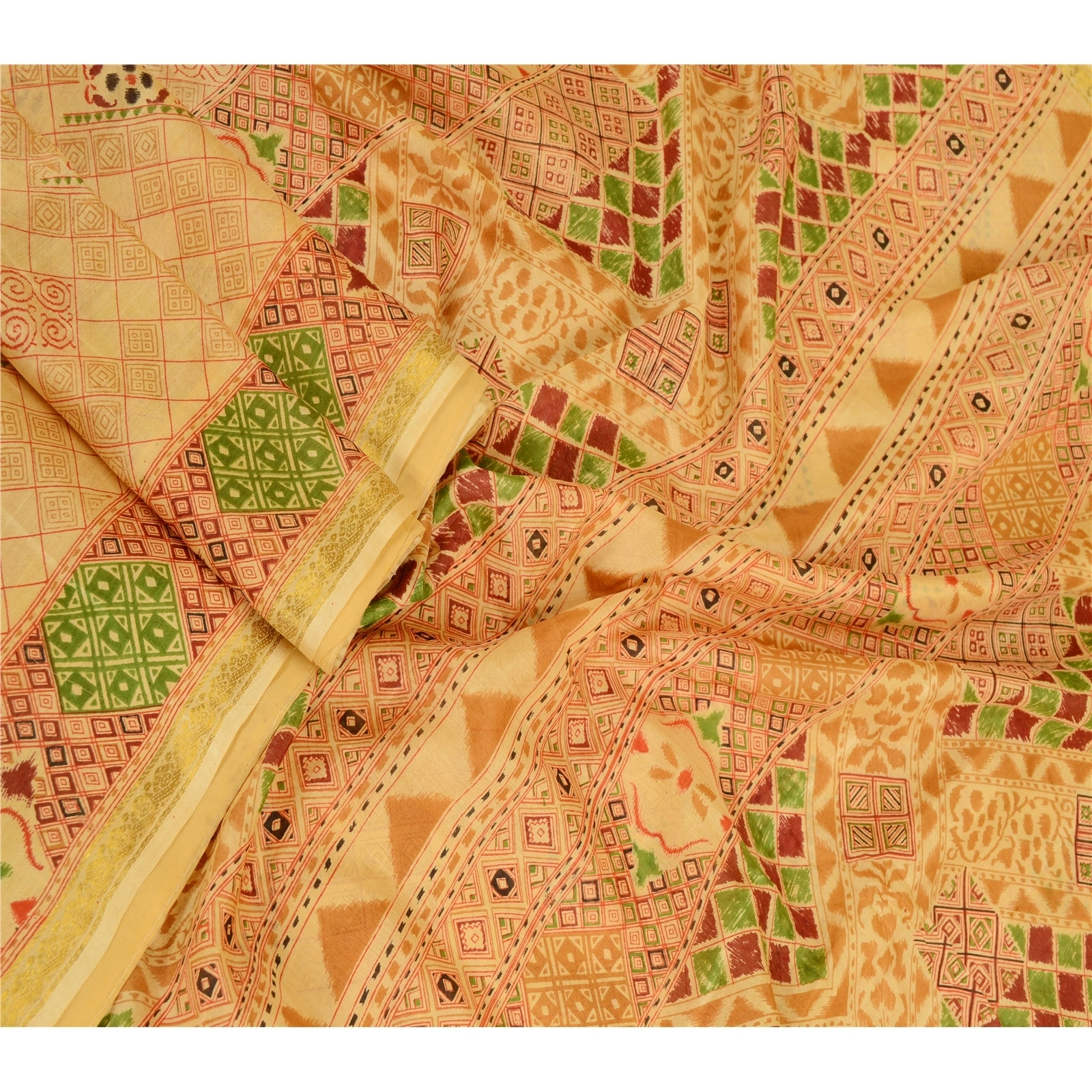 Sanskriti Vintage Sarees Beige Pure Silk Printed Zari Border Sari Craft Fabric, PR-62272-Beige-Pure Silk-1