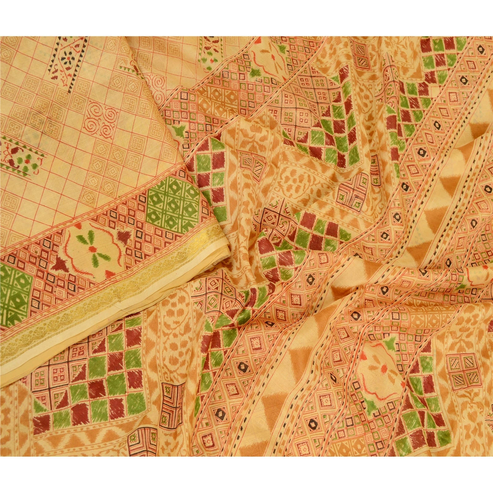 Sanskriti Vintage Sarees Beige Pure Silk Printed Zari Border Sari Craft Fabric, PR-62272-Beige-Pure Silk-2