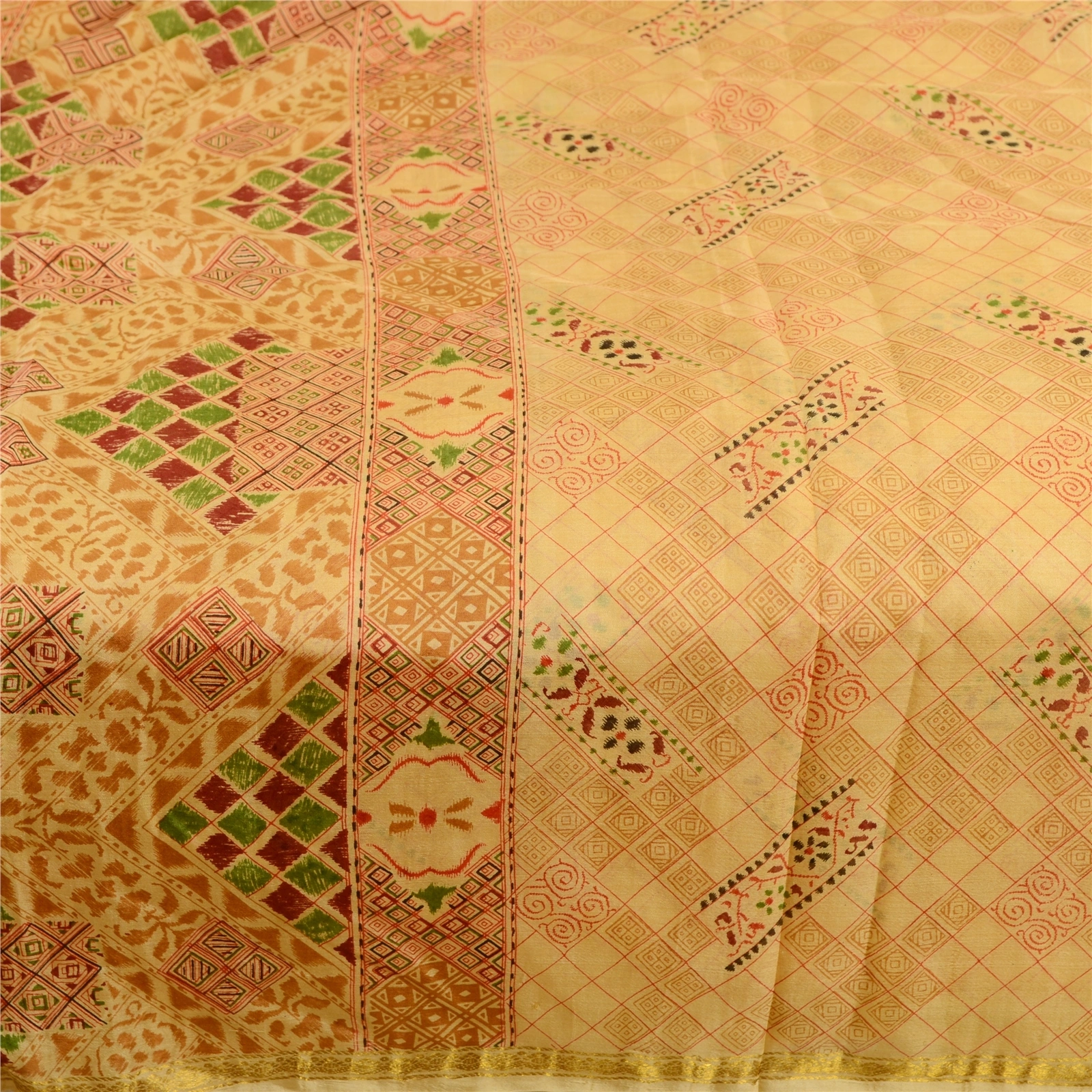 Sanskriti Vintage Sarees Beige Pure Silk Printed Zari Border Sari Craft Fabric, PR-62272-Beige-Pure Silk-3