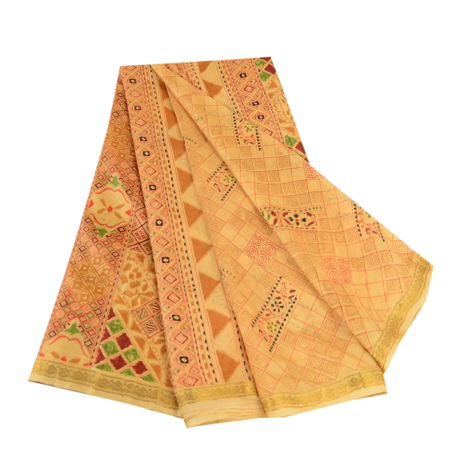 Sanskriti Vintage Sarees Beige Pure Silk Printed Zari Border Sari Craft Fabric, PR-62272-Beige-Pure Silk-6