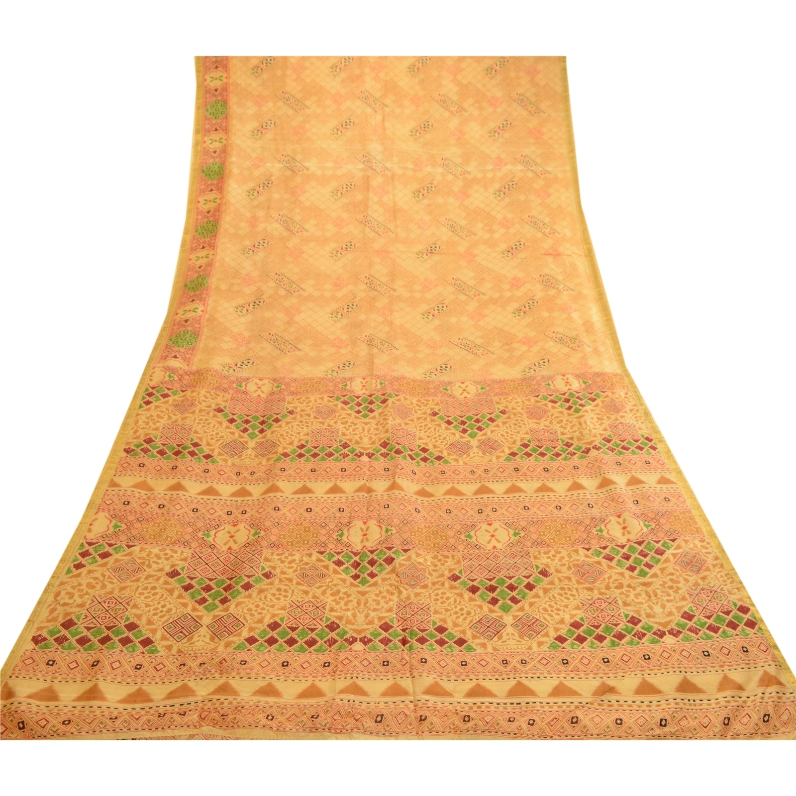 Sanskriti Vintage Sarees Beige Pure Silk Printed Zari Border Sari Craft Fabric, PR-62272-Beige-Pure Silk-7