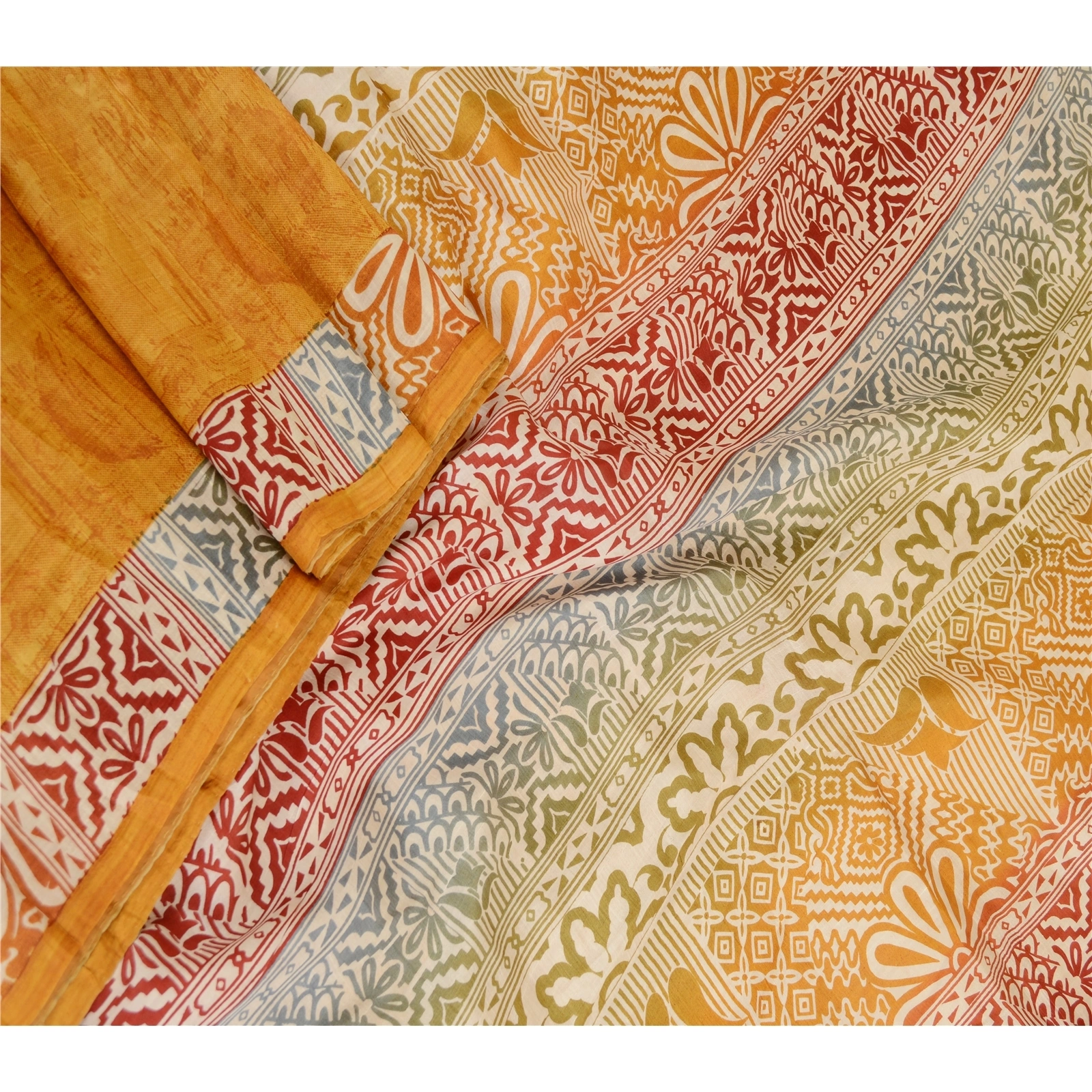 Sanskriti Vintage Sarees Indian Saffron Pure Silk Printed Sari 5Yd Craft Fabric, PR-62274-Saffron-Pure Silk-1