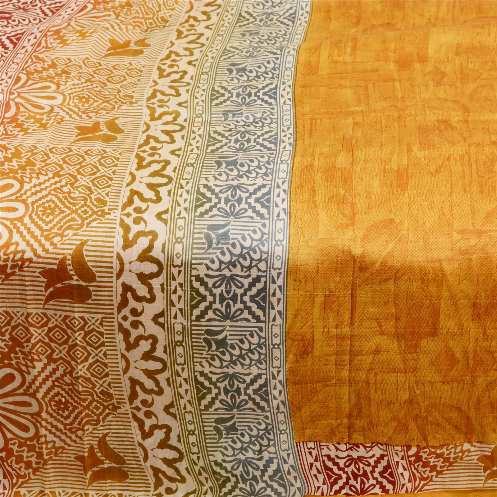 Sanskriti Vintage Sarees Indian Saffron Pure Silk Printed Sari 5Yd Craft Fabric, PR-62274-Saffron-Pure Silk-3