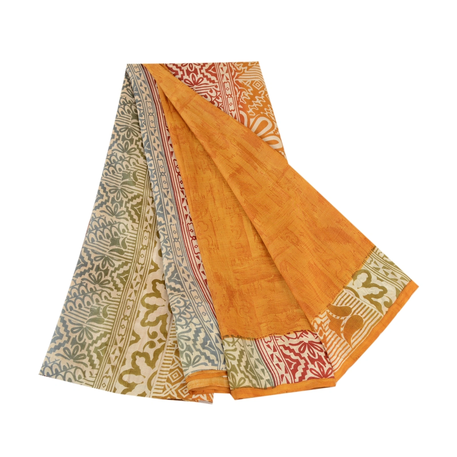 Sanskriti Vintage Sarees Indian Saffron Pure Silk Printed Sari 5Yd Craft Fabric, PR-62274-Saffron-Pure Silk-6