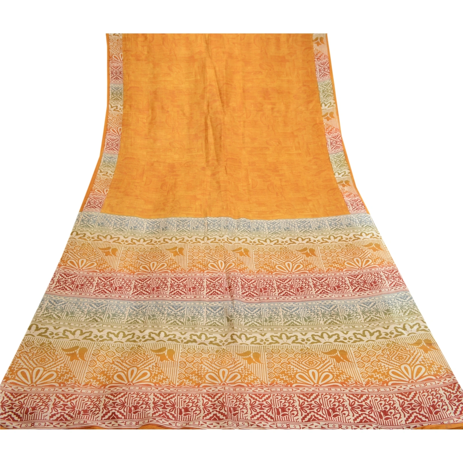 Sanskriti Vintage Sarees Indian Saffron Pure Silk Printed Sari 5Yd Craft Fabric, PR-62274-Saffron-Pure Silk-7