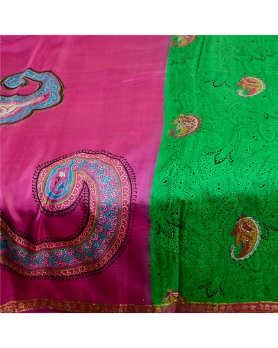 Sanskriti Vintage Sarees Green Printed Pure Silk Sari Soft Floral Craft Fabric, PR-62292-Green-Pure Silk-3