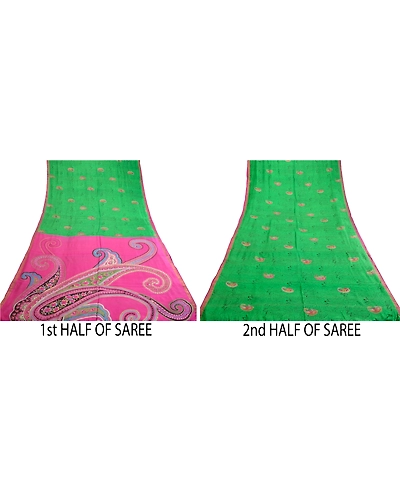 Sanskriti Vintage Sarees Green Printed Pure Silk Sari Soft Floral Craft Fabric, PR-62292-Green-Pure Silk-4