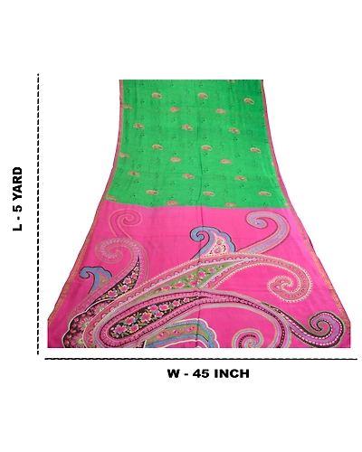 Sanskriti Vintage Sarees Green Printed Pure Silk Sari Soft Floral Craft Fabric, PR-62292-Green-Pure Silk-8
