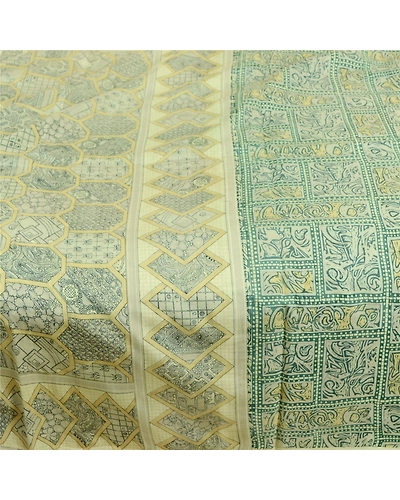 Sanskriti Vintage Sarees Indian Green Pure Silk Printed Sari Soft Craft Fabric, PR-62298-Green-Pure Silk-4