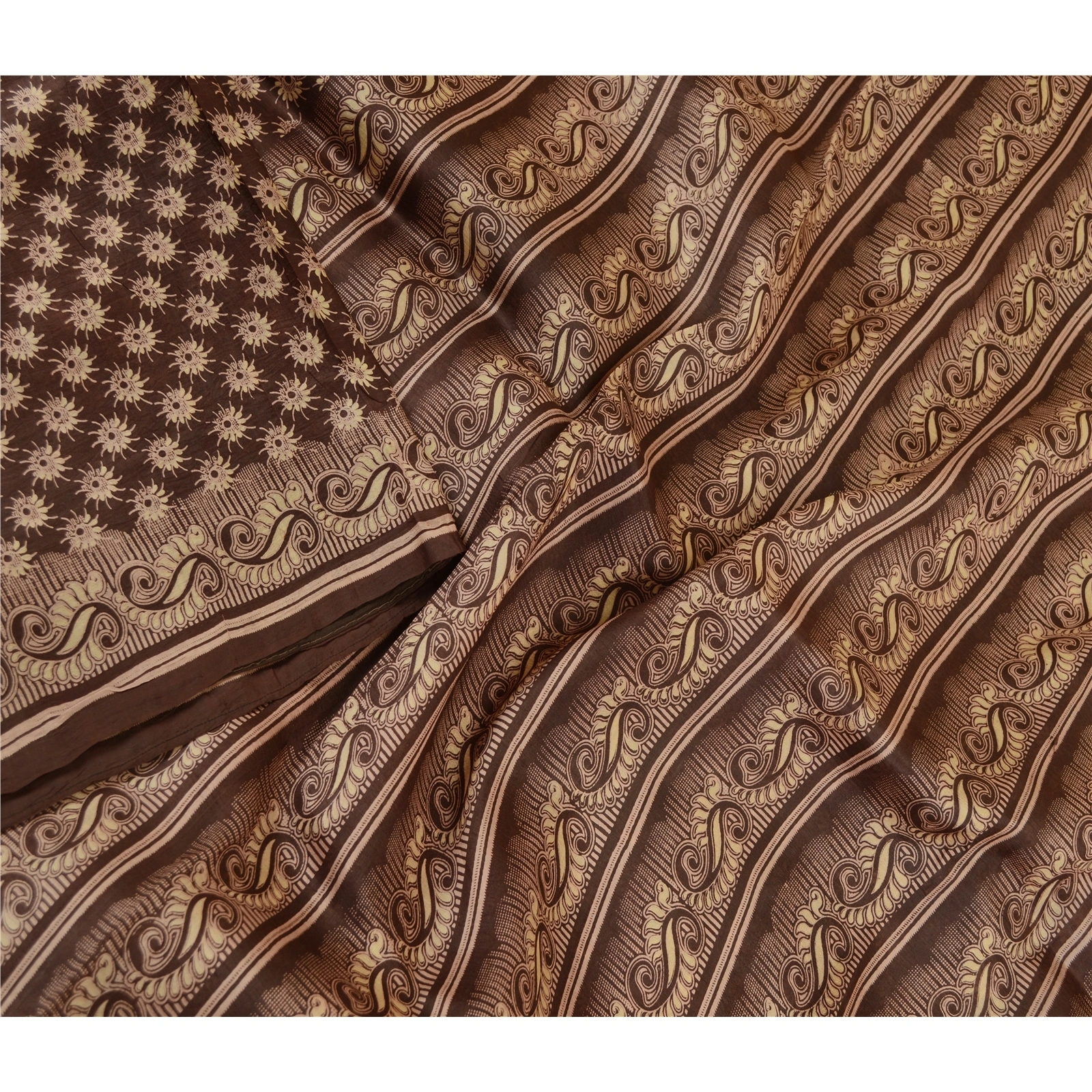 Sanskriti Vintage Sarees From India Brown Pure Silk Printed Sari Craft Fabric, PR-62300-Brown-Pure Silk-1