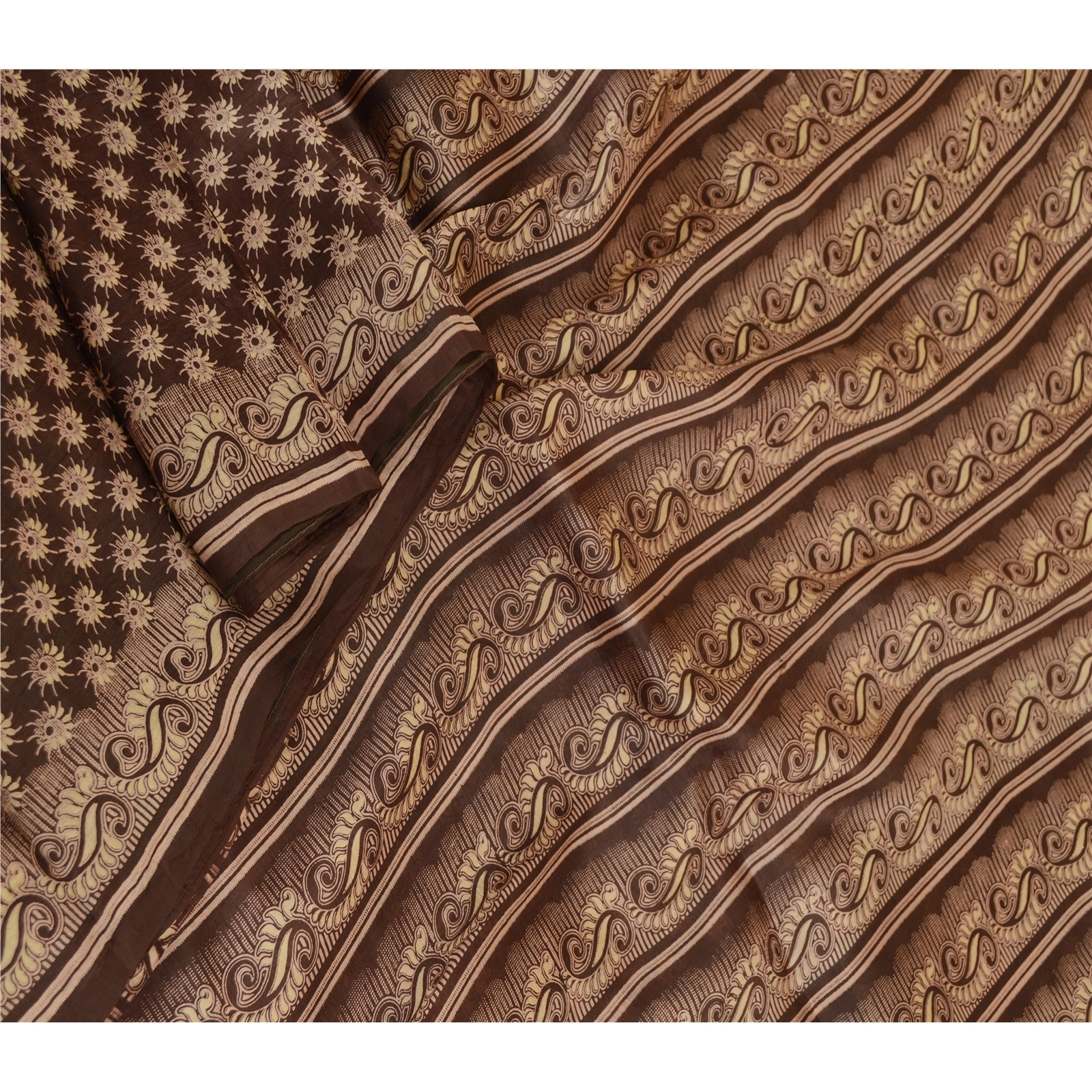 Sanskriti Vintage Sarees From India Brown Pure Silk Printed Sari Craft Fabric, PR-62300-Brown-Pure Silk-2