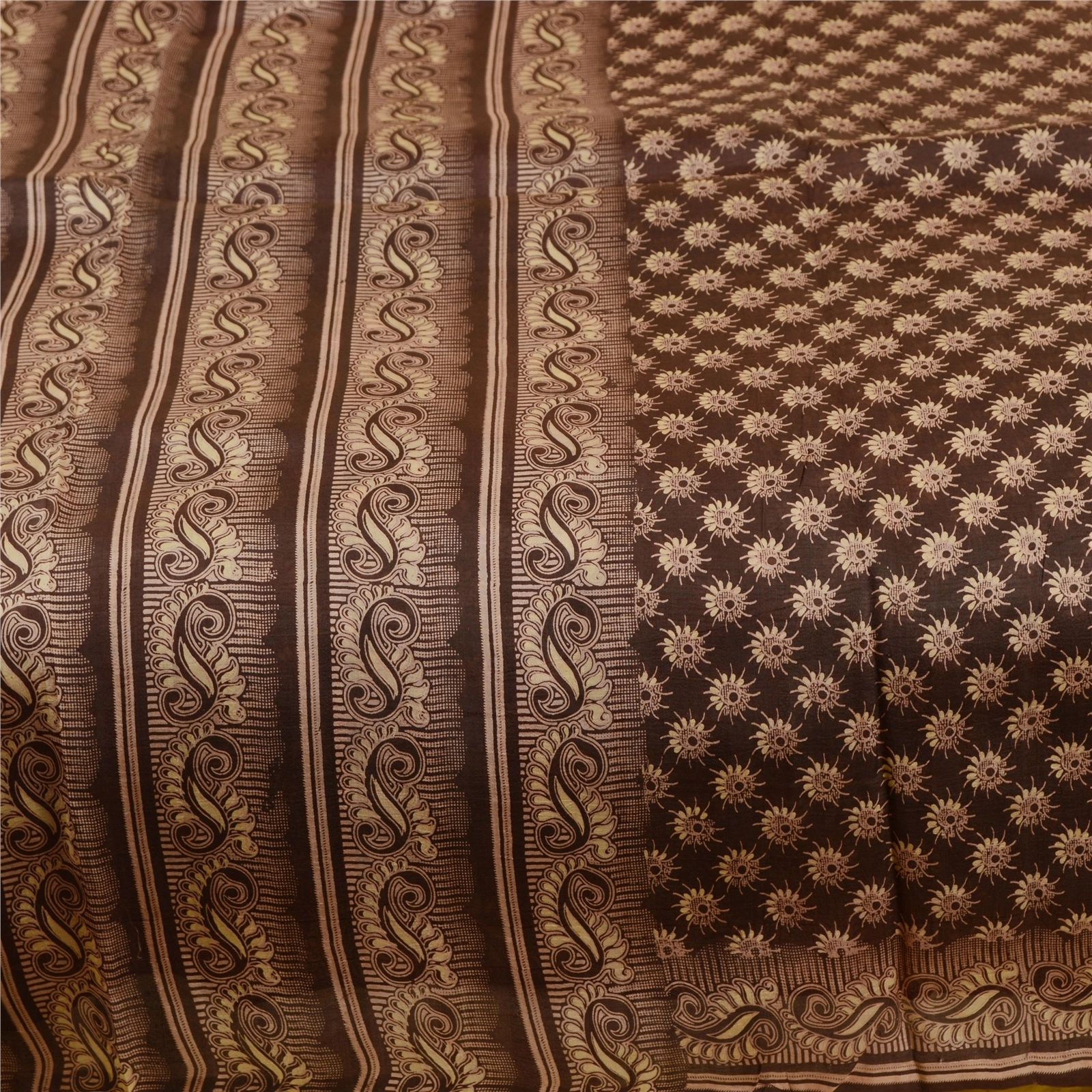 Sanskriti Vintage Sarees From India Brown Pure Silk Printed Sari Craft Fabric, PR-62300-Brown-Pure Silk-3