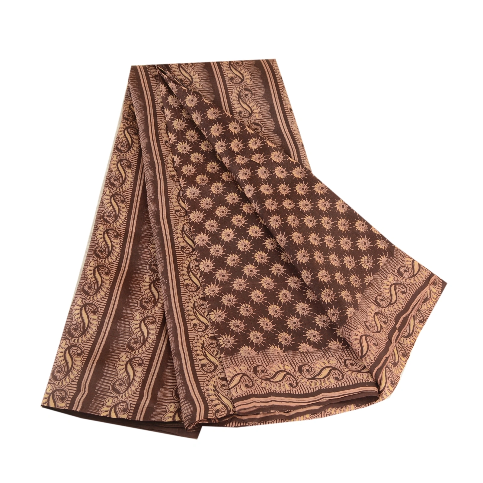 Sanskriti Vintage Sarees From India Brown Pure Silk Printed Sari Craft Fabric, PR-62300-Brown-Pure Silk-6