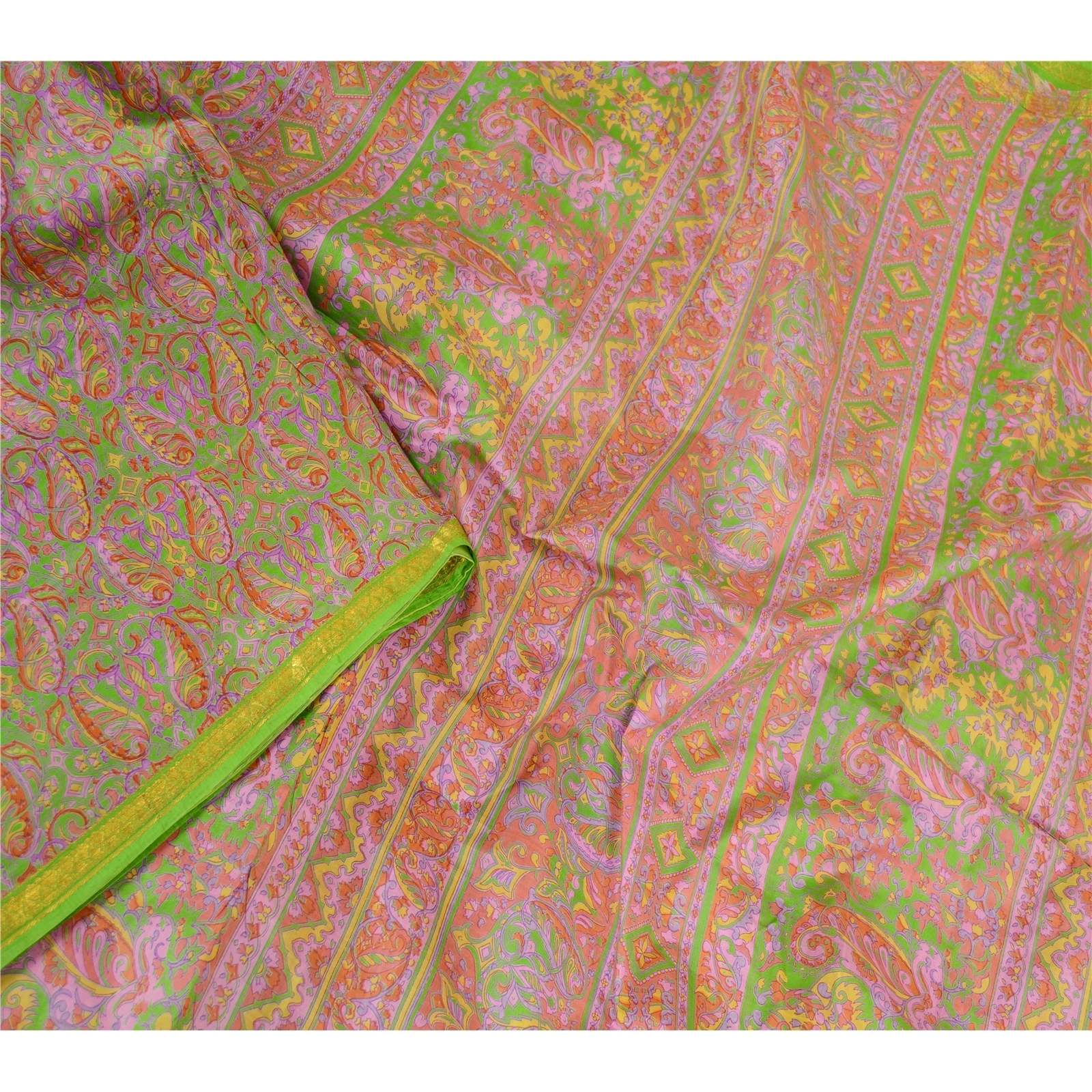 Sanskriti Vintage Sarees Pink Pure Silk Printed Zari Border Sari Craft Fabric, PR-62302-Pink-Pure Silk-1