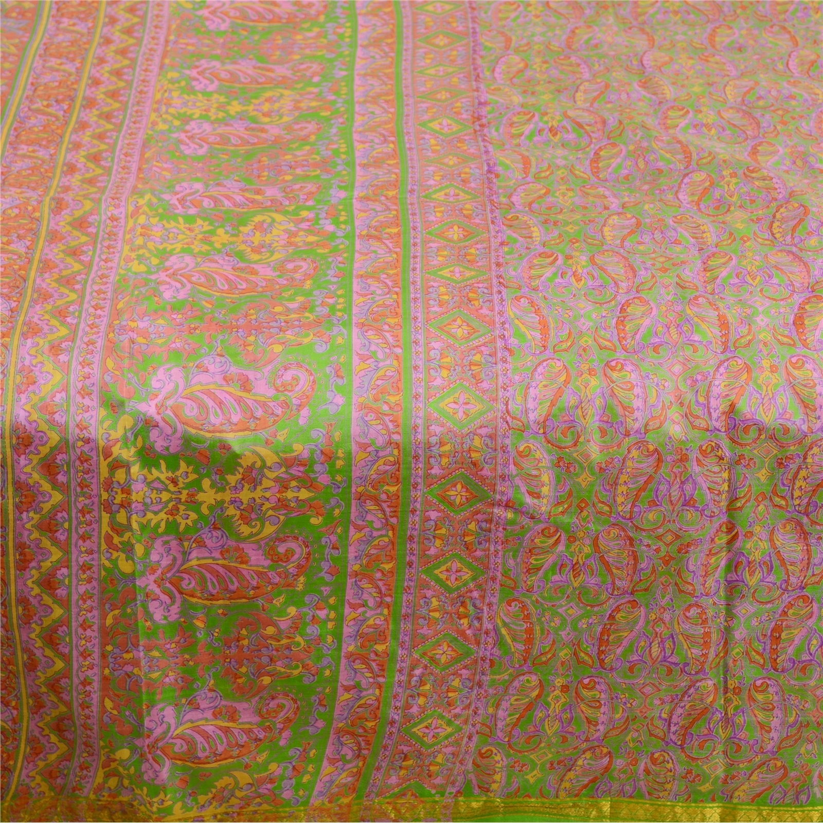 Sanskriti Vintage Sarees Pink Pure Silk Printed Zari Border Sari Craft Fabric, PR-62302-Pink-Pure Silk-3