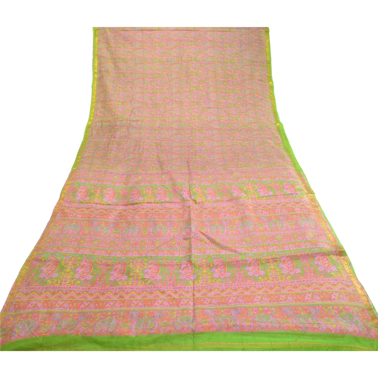 Sanskriti Vintage Sarees Pink Pure Silk Printed Zari Border Sari Craft Fabric, PR-62302-Pink-Pure Silk-7