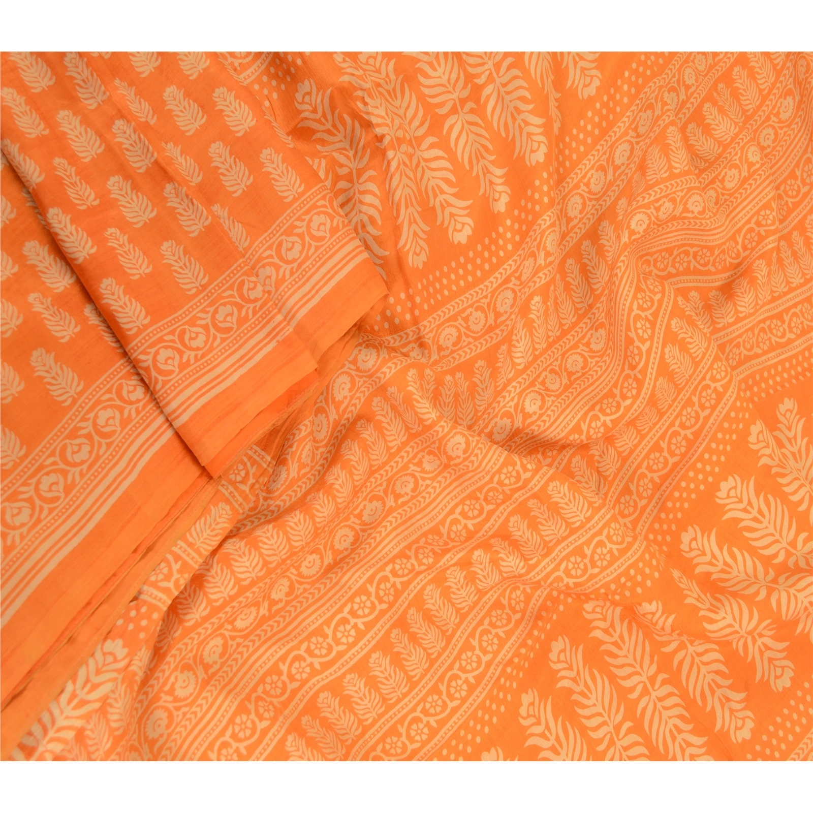 Sanskriti Vintage Sarees Saffron Block Printed Pure Silk Sari 5Yd Craft Fabric, PR-62310-Saffron-Pure Silk-1