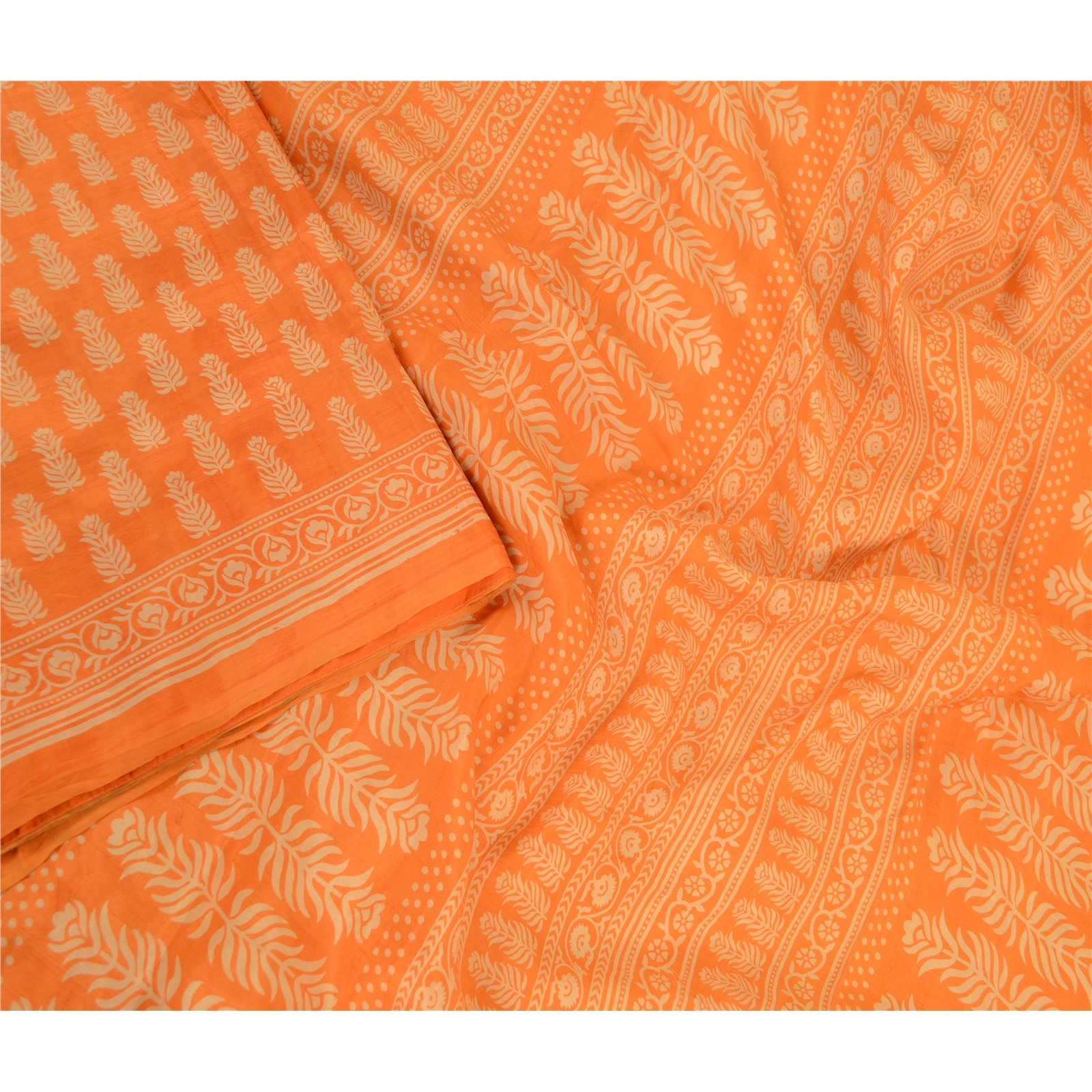 Sanskriti Vintage Sarees Saffron Block Printed Pure Silk Sari 5Yd Craft Fabric, PR-62310-Saffron-Pure Silk-2