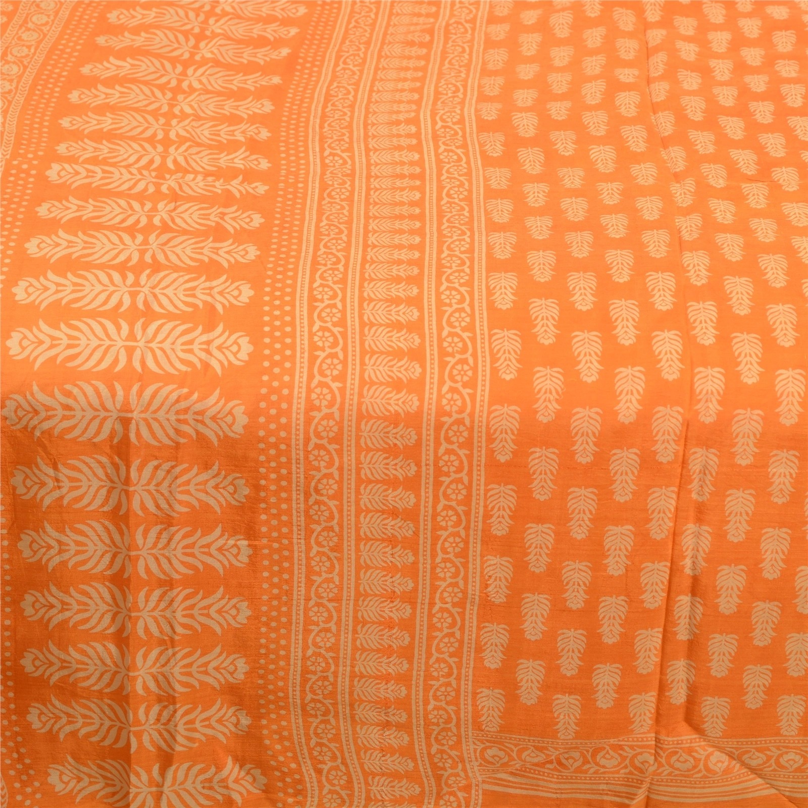 Sanskriti Vintage Sarees Saffron Block Printed Pure Silk Sari 5Yd Craft Fabric, PR-62310-Saffron-Pure Silk-3