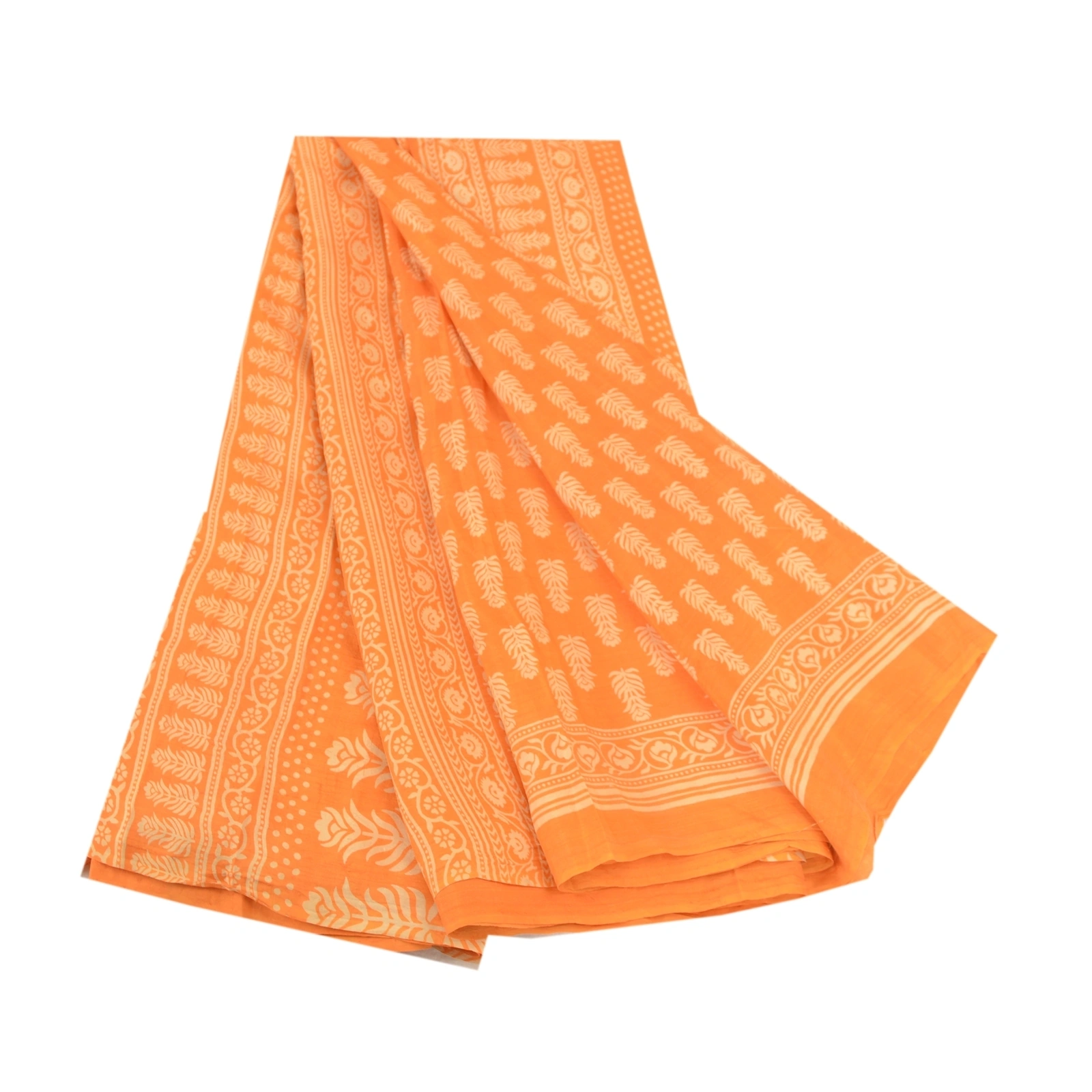 Sanskriti Vintage Sarees Saffron Block Printed Pure Silk Sari 5Yd Craft Fabric, PR-62310-Saffron-Pure Silk-6