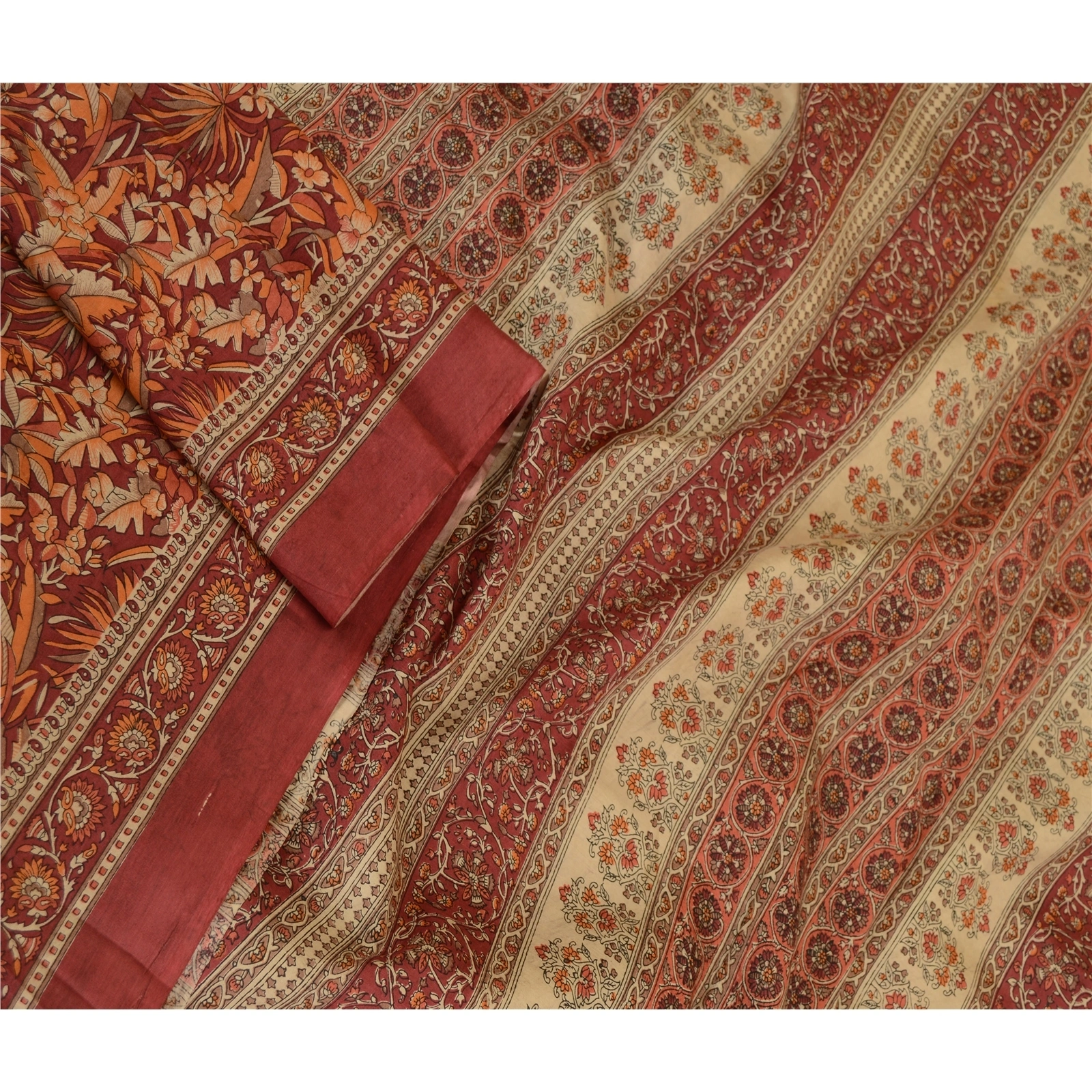 Sanskriti Vintage Sarees From India Dustyred Printed Pure Silk Sari Craft Fabric, PR-62318-Dusty Red-Pure Silk-3