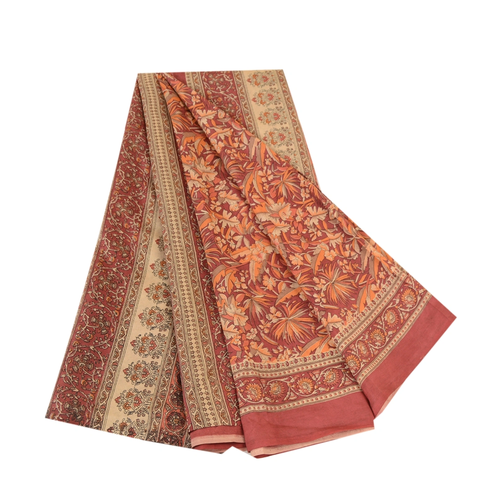 Sanskriti Vintage Sarees From India Dustyred Printed Pure Silk Sari Craft Fabric, PR-62318-Dusty Red-Pure Silk-8