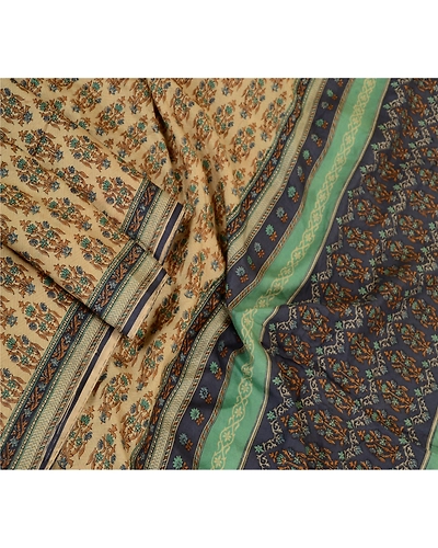 Sanskriti Vintage Sarees From India Cream Pure Silk Printed Sari Craft Fabric, PR-62333-Cream-Pure Silk-1