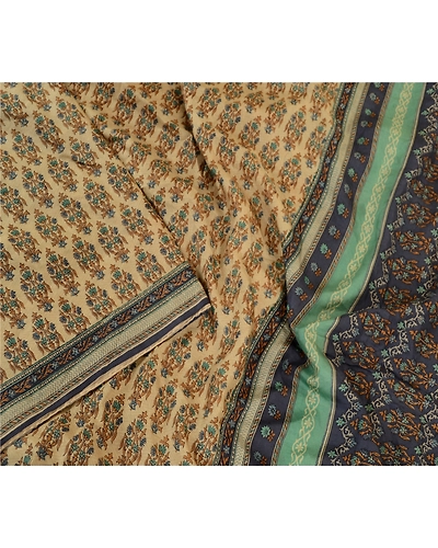 Sanskriti Vintage Sarees From India Cream Pure Silk Printed Sari Craft Fabric, PR-62333-Cream-Pure Silk-2