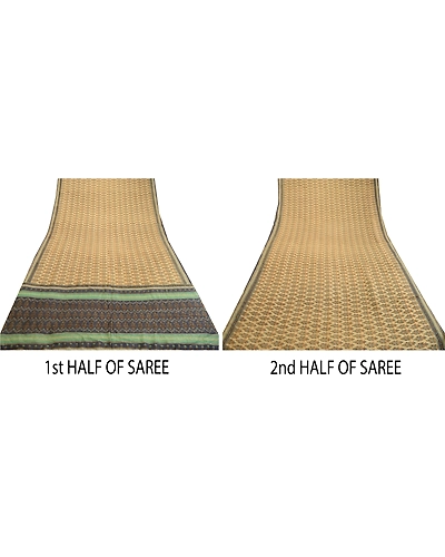 Sanskriti Vintage Sarees From India Cream Pure Silk Printed Sari Craft Fabric, PR-62333-Cream-Pure Silk-4