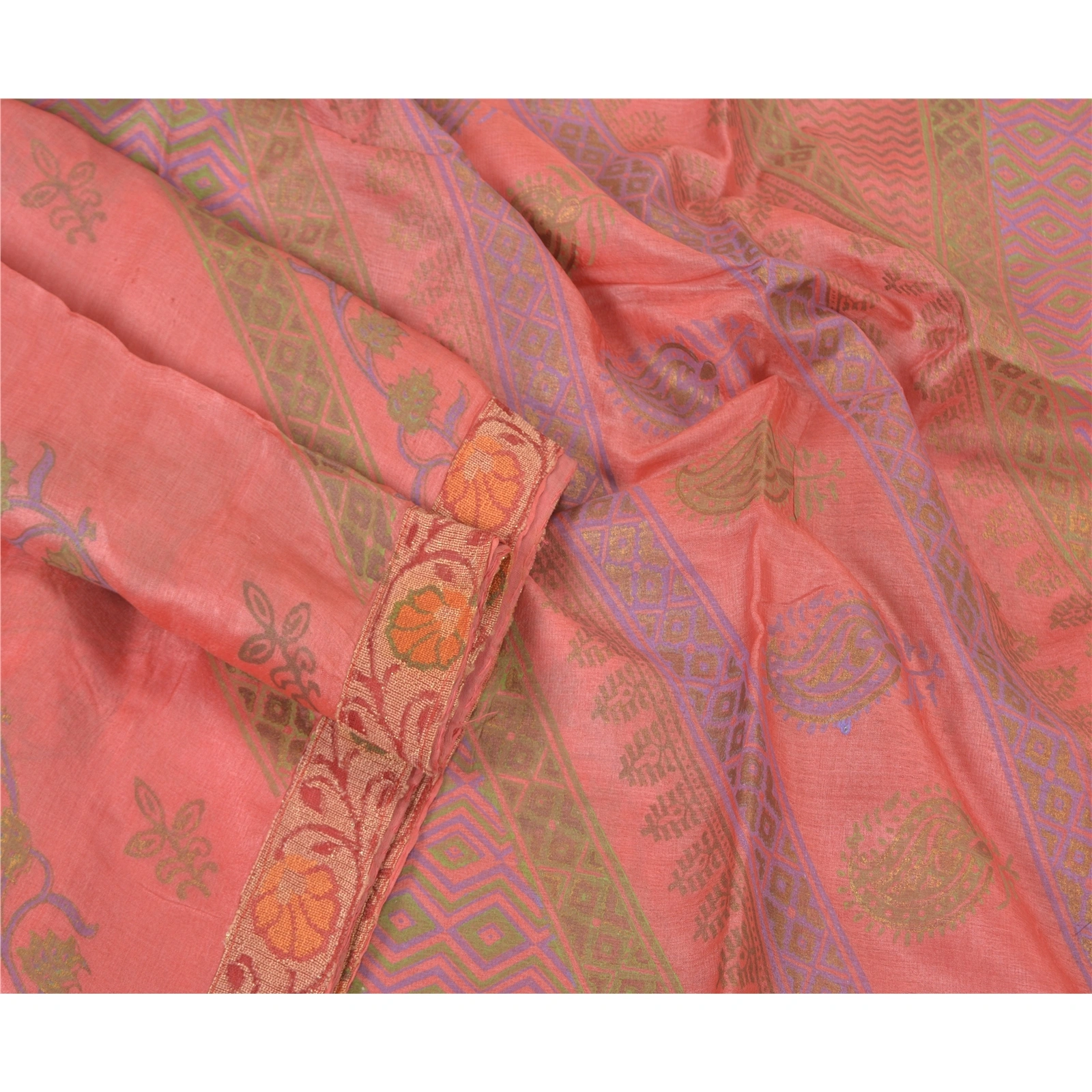 Sanskriti Vintage Sarees Indian Pink Printed Pure Silk Sari Floral Craft Fabric, PR-62352-Pink-Pure Silk-1